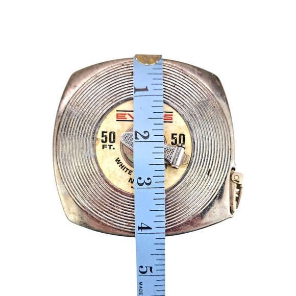 Vintage Evans Tape Measure 50 Ft White Steel 505 Made In USA Wind Up Knob Tool - Picture 6 of 6